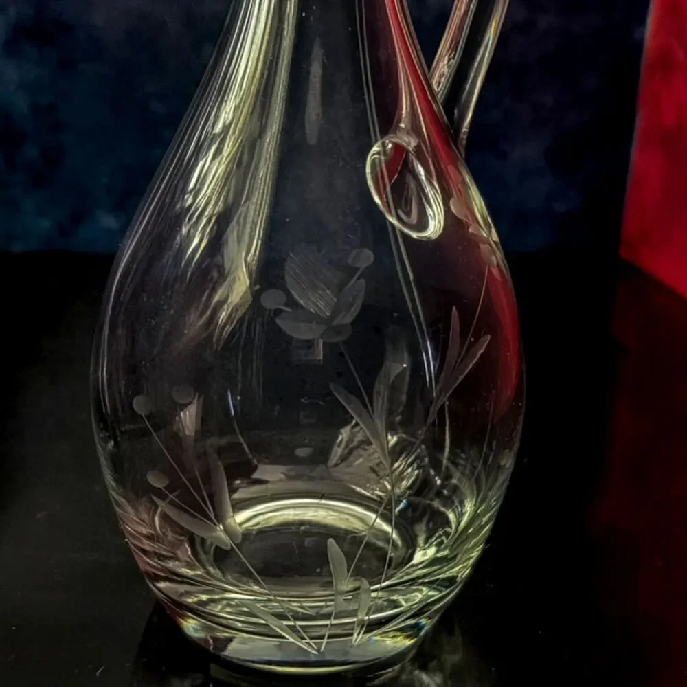 Vintage Etched Floral Glass Decanter Cruet Stopper Handle 12